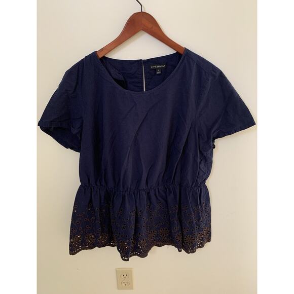 Lane Bryant Tops - Lane Bryant Womens Size 16 Short Sleeve Blue Peplum Brown Eyelet Top Laser Cut